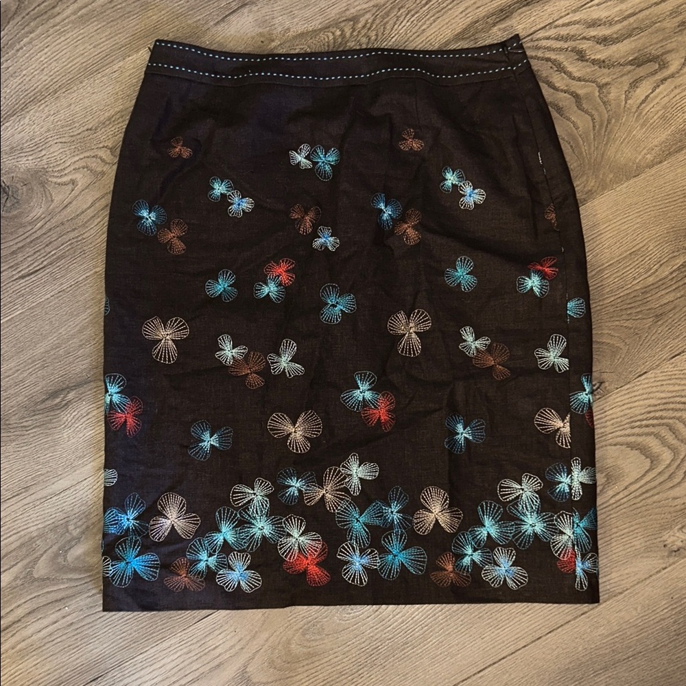 Floral Patterned Lined Brown Linen Skirt